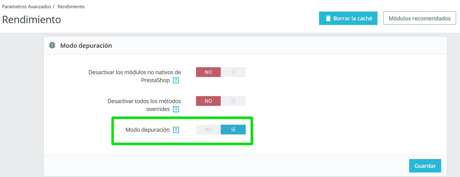 PrestaShop Activar Modo Debug Depuracion