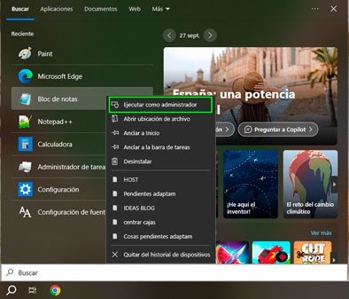 Abre el Bloc de Notas como Administrador